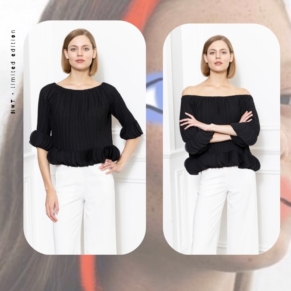 🌀🏷️🎉🆕 black off the shoulder pleated petal sleeve top blouse with petal hem